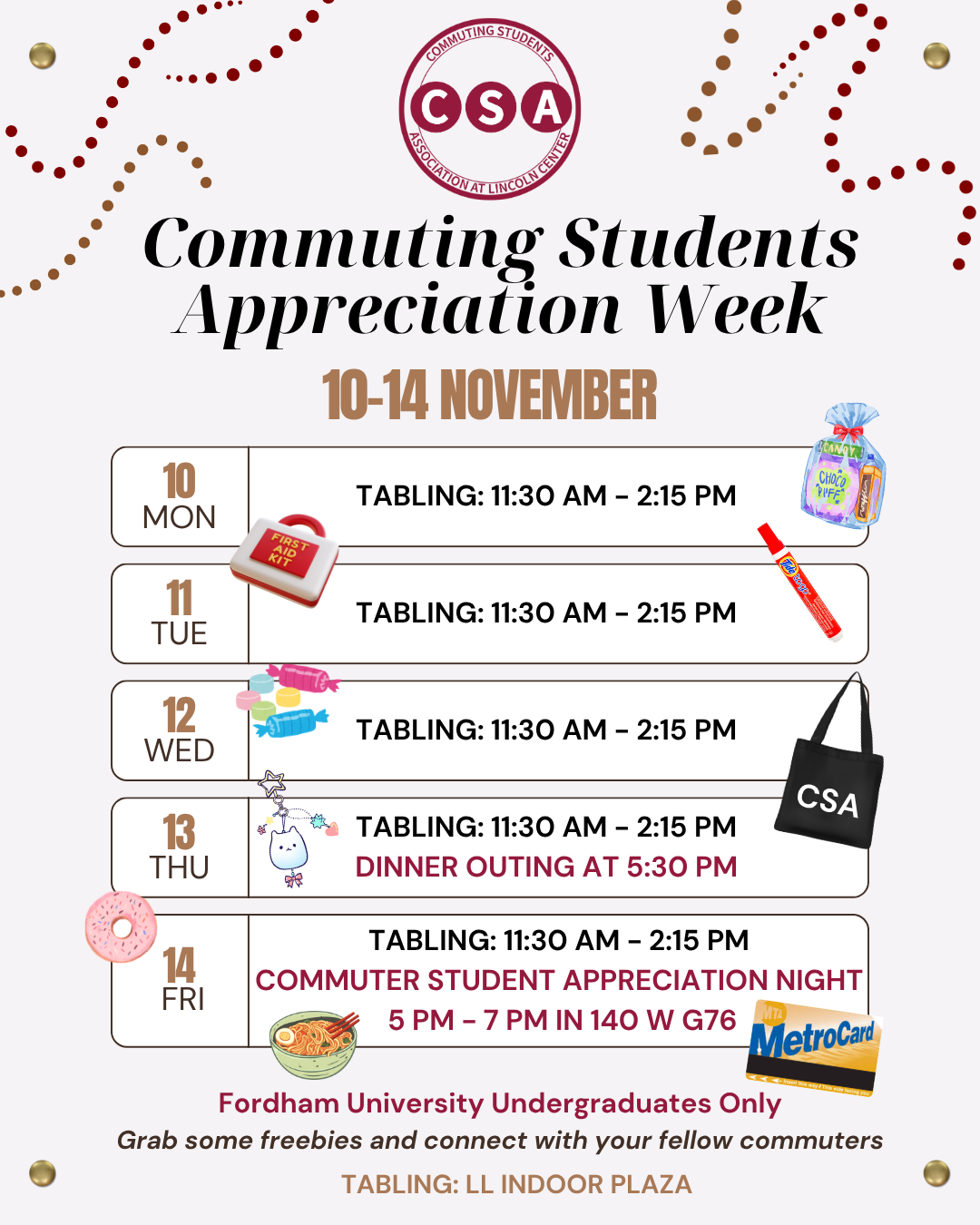 Commuting students appreciation week schedule
